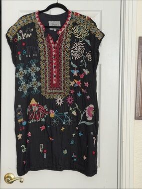 Johnny Was Biya Embroidered Black Boho Tunic Dress with Multicolor Motifs